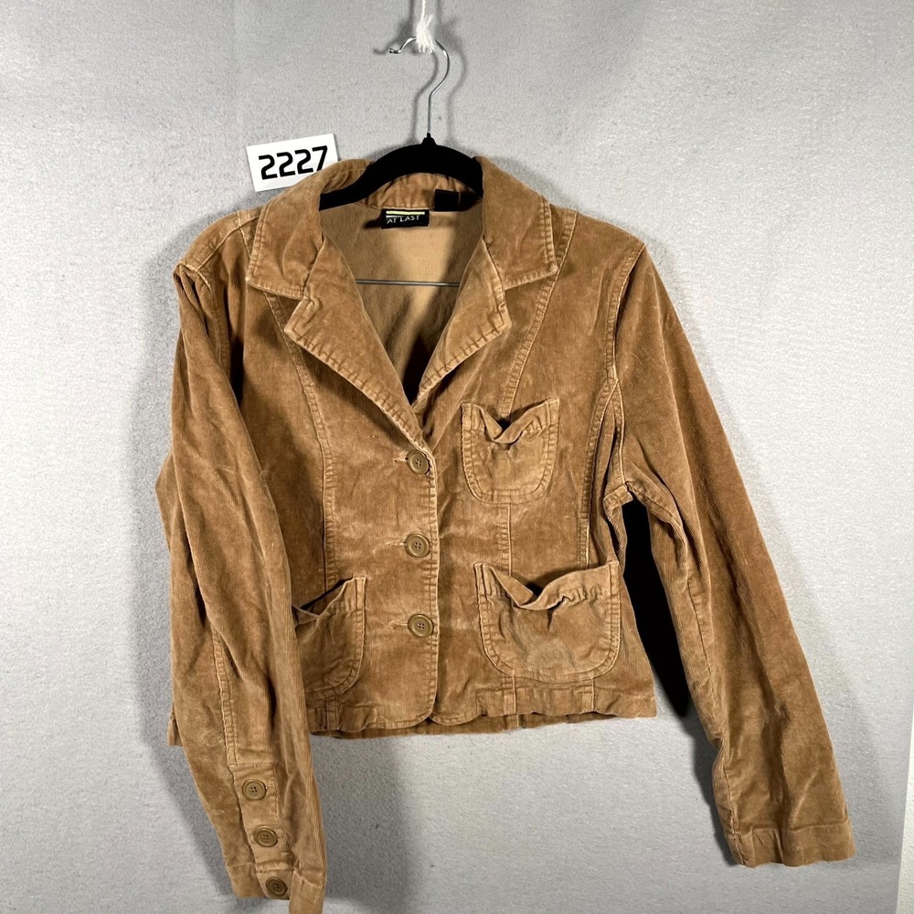 Y2K At Last Corduroy Blazer Jacket Womens Large Brown Cotton Stretch Notch Lapel